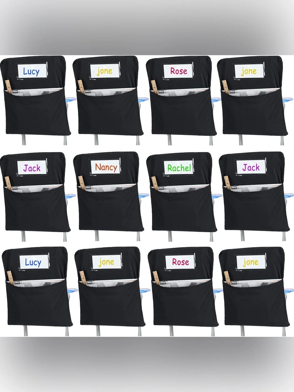 (New) Heavy Duty Canvas Black Chair Back Organizers w/ Label Pockets (Set of 12)